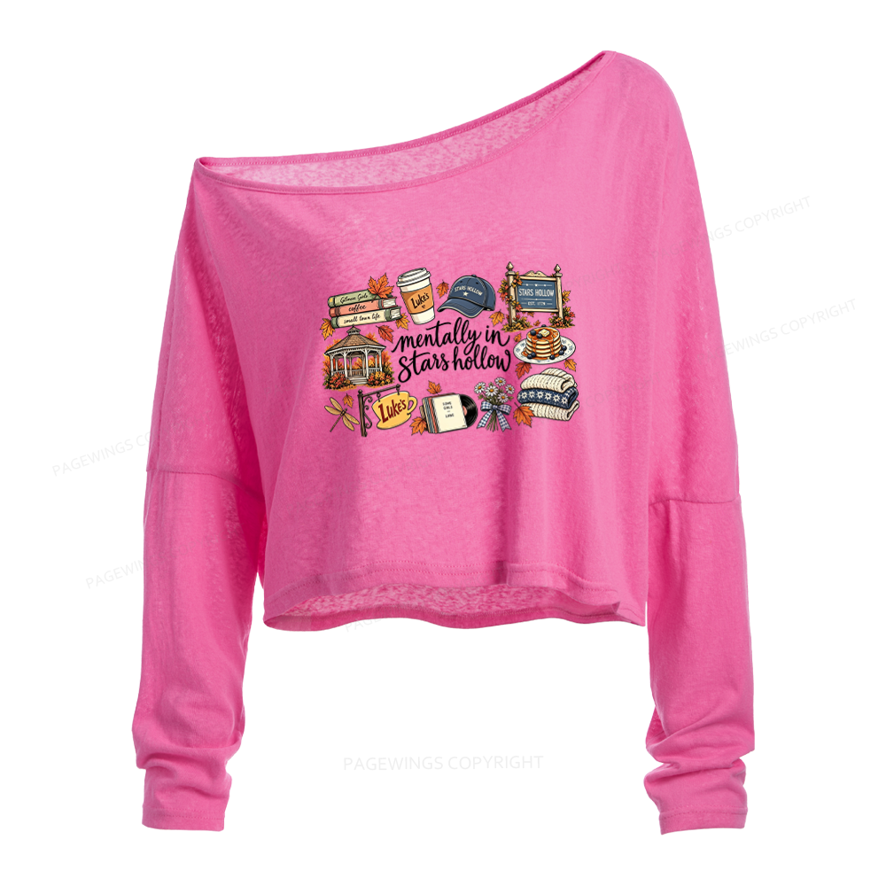 Pagewings Fall Hollow Slouchy Long Sleeve Off Shoulder T-shirt