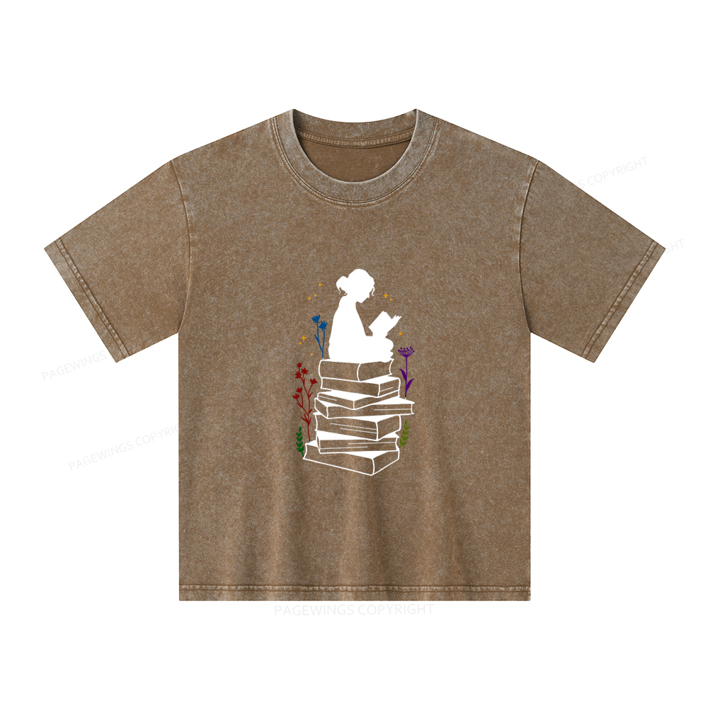 Pagewings Girl Reading Unisex Kids Washed T-shirt