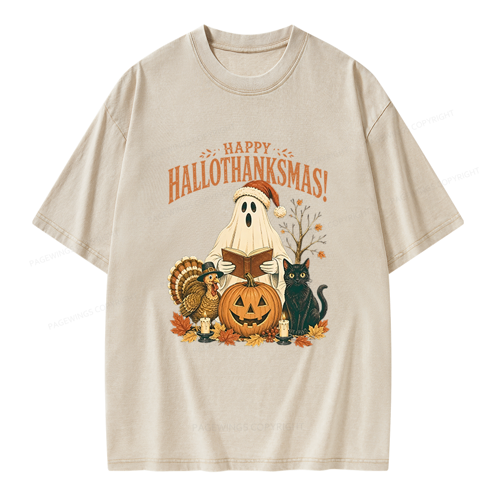 Pagewings Happy Hallothanksmas Unisex Washed T-shirt