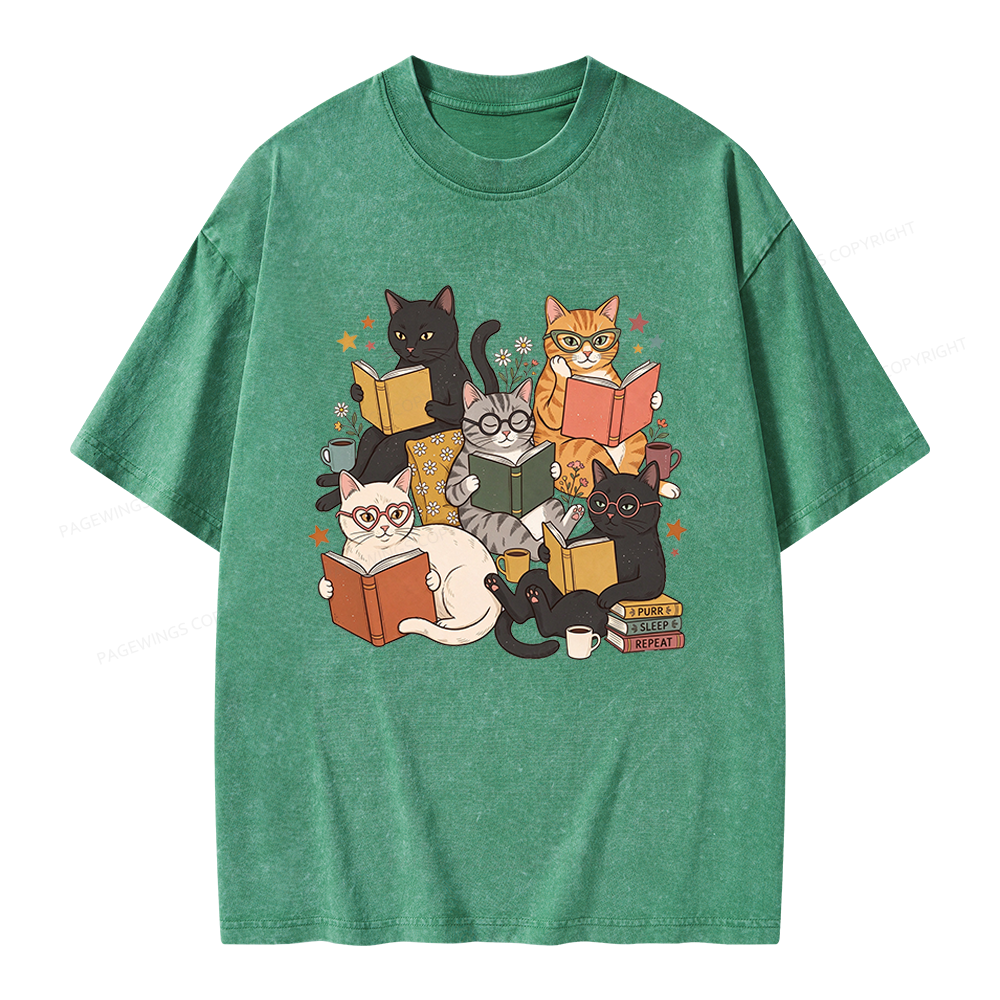Pagewings Retro Reading Cats Unisex Washed T-shirt