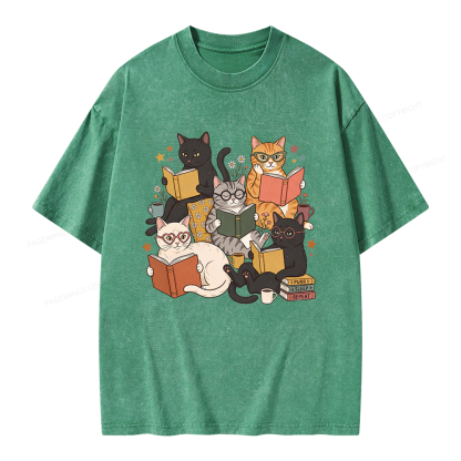 Pagewings Retro Reading Cats Unisex Washed T-shirt