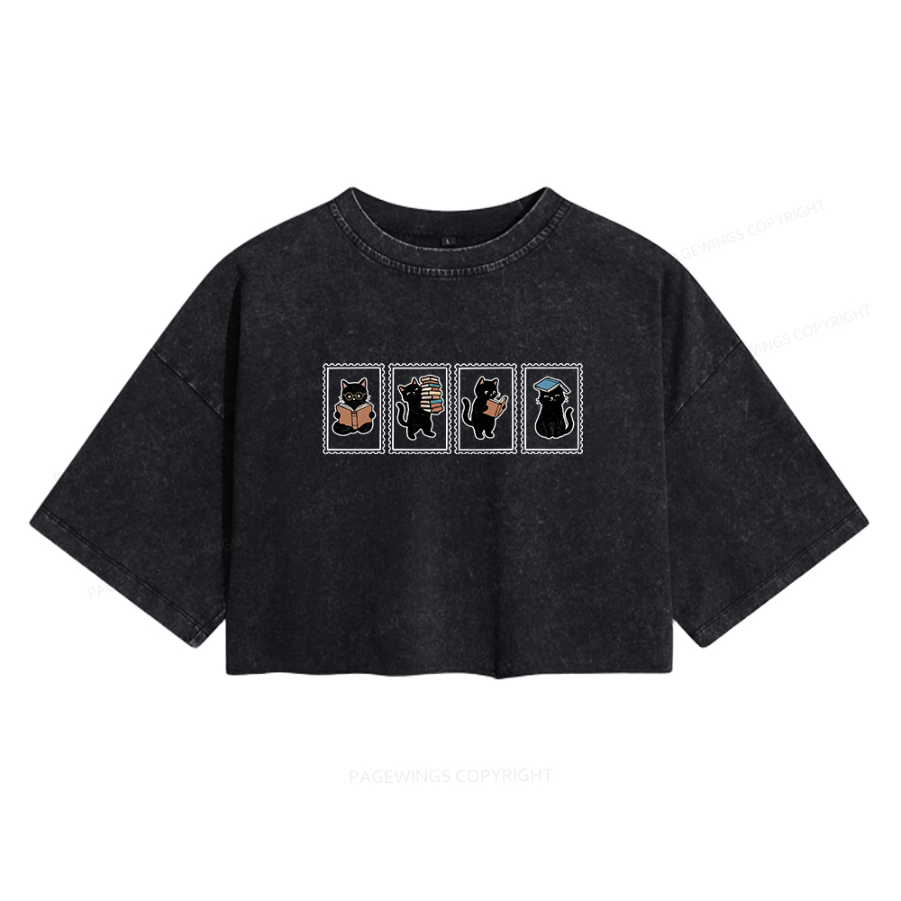 Pagewings Black Cats and Books Women's Washed Cropped T-shirt