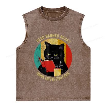 Pagewings Read Banned Books Drink Coffee Fight Evil Retro Cat Lovers T-Shirt Unisex Washed Tank Top
