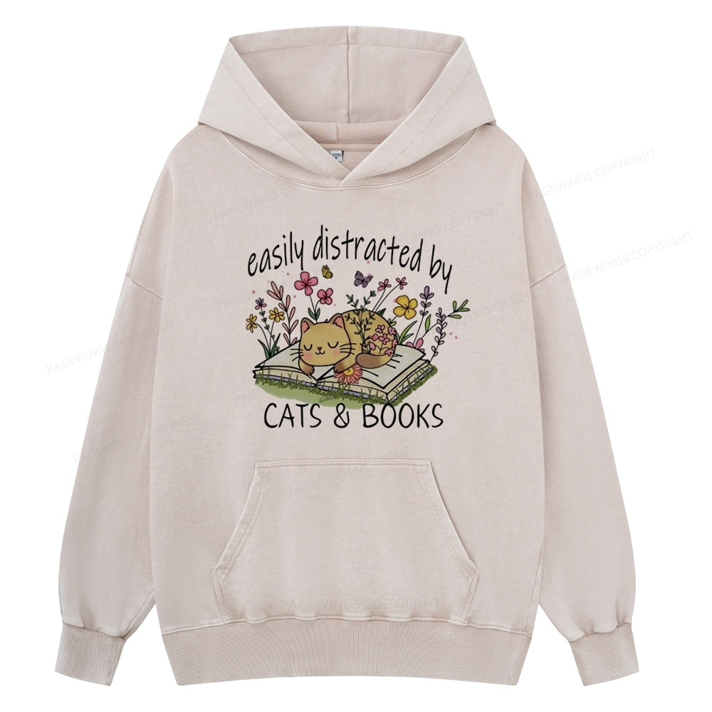 Pagewings Easily Distracted By Cats And Books Unisex Washed Hoodie