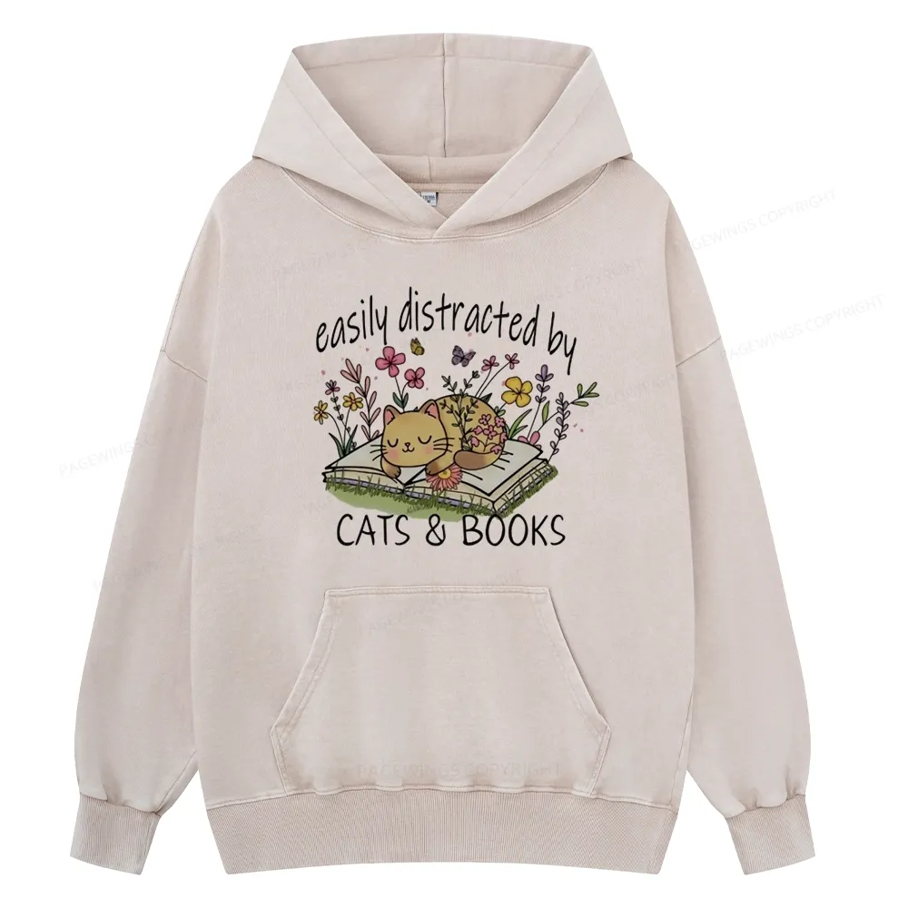 Pagewings Easily Distracted By Cats And Books Unisex Washed Hoodie