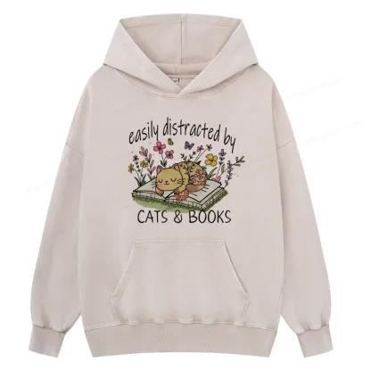 Pagewings Easily Distracted By Cats And Books Unisex Washed Hoodie