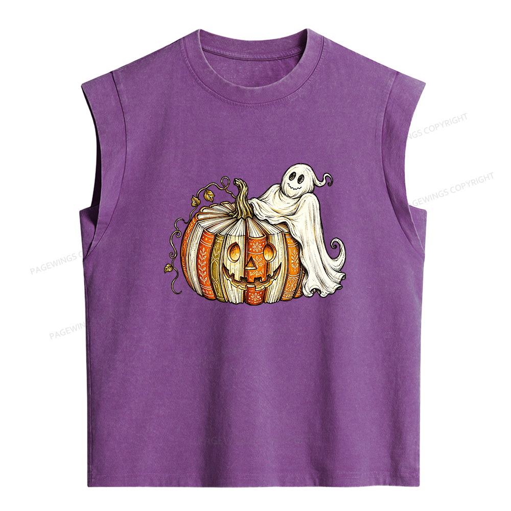 Pagewings Book Pumpkin Ghost Women's Washed Tank Top