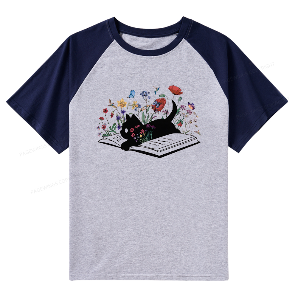 Pagewings Cute Book Cat Raglan T-shirt