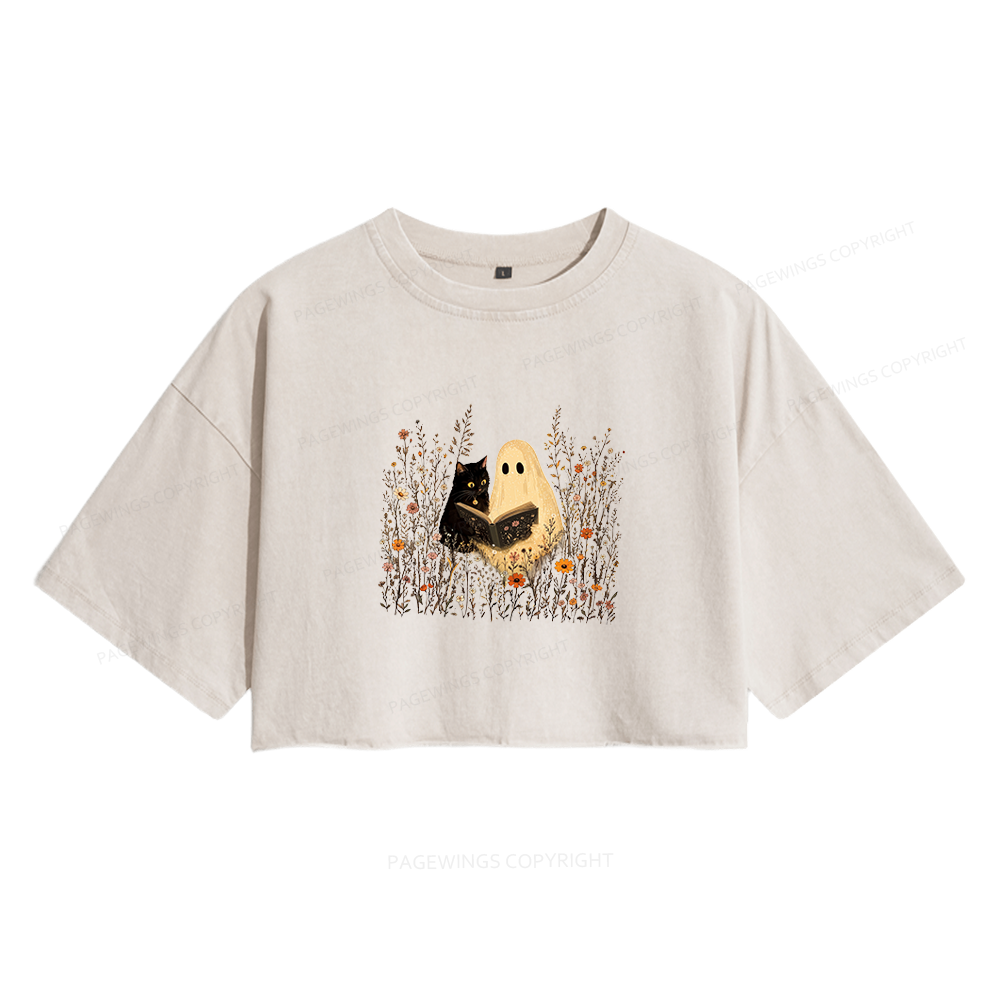 Pagewings Ghost Black Cat Reading Women's Washed Cropped T-shirt
