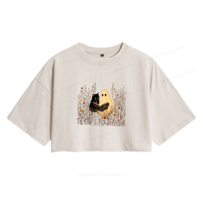 Pagewings Ghost Black Cat Reading Women's Washed Cropped T-shirt