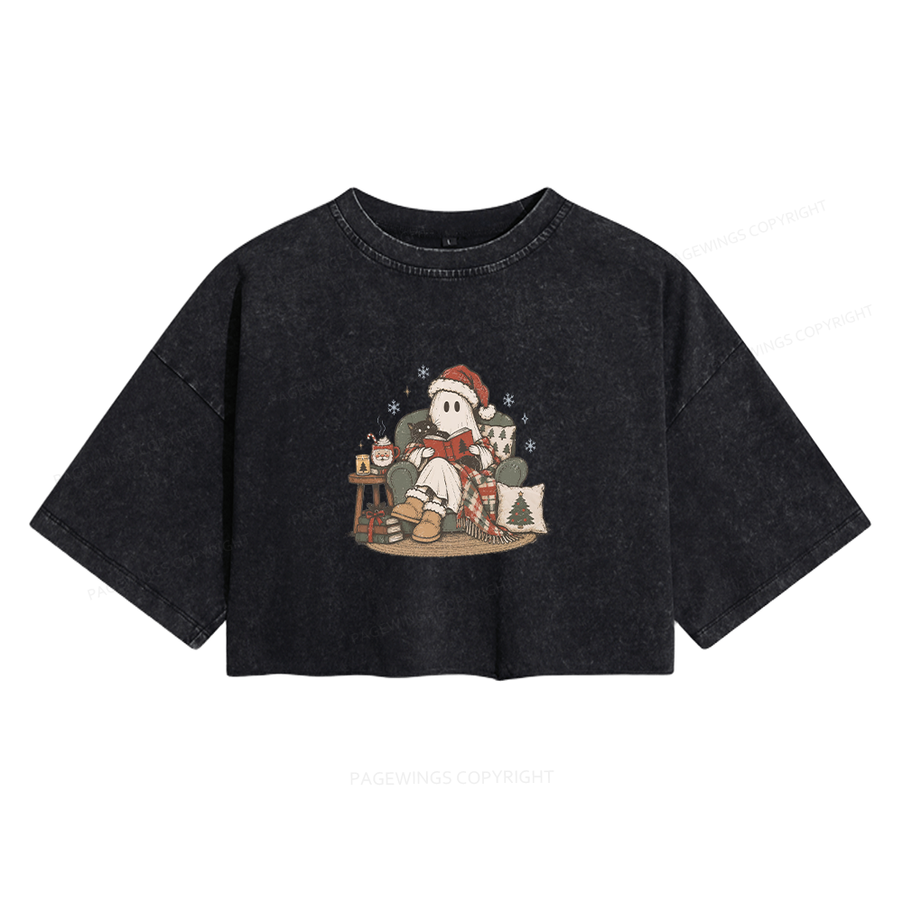 Pagewings Funny Christmas Reading Women's Washed Cropped T-shirt