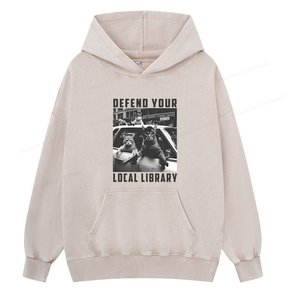 Pagewings Defend Your Local Library Unisex Washed Hoodie