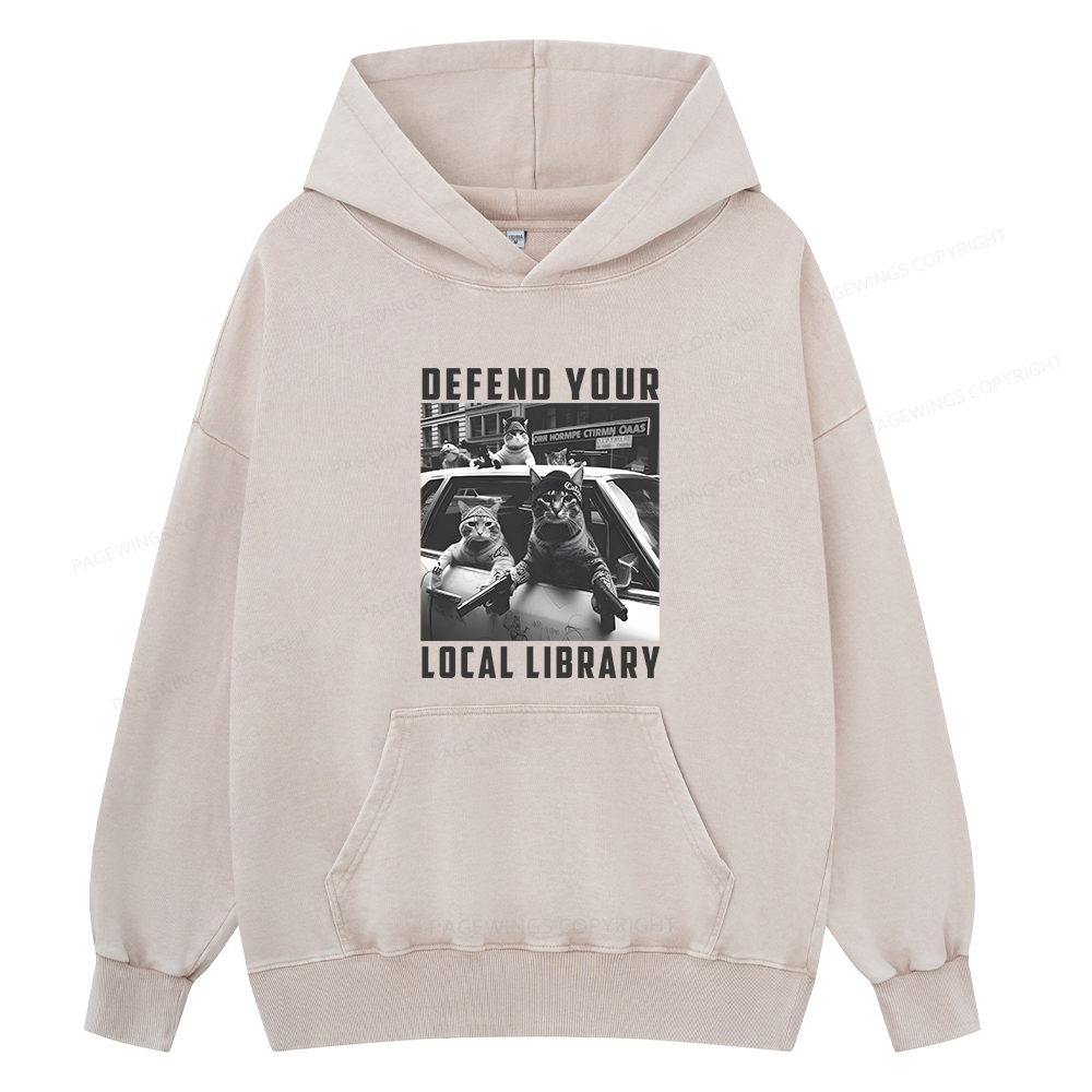 Pagewings Defend Your Local Library Unisex Washed Hoodie