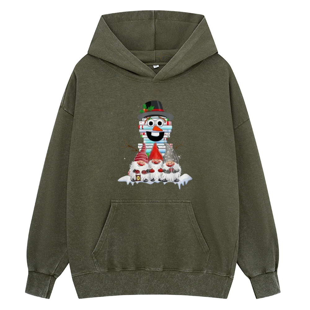 Pagewings Snowman Book Christmas Stack Gnome Librarian Book Unisex Washed Hoodie