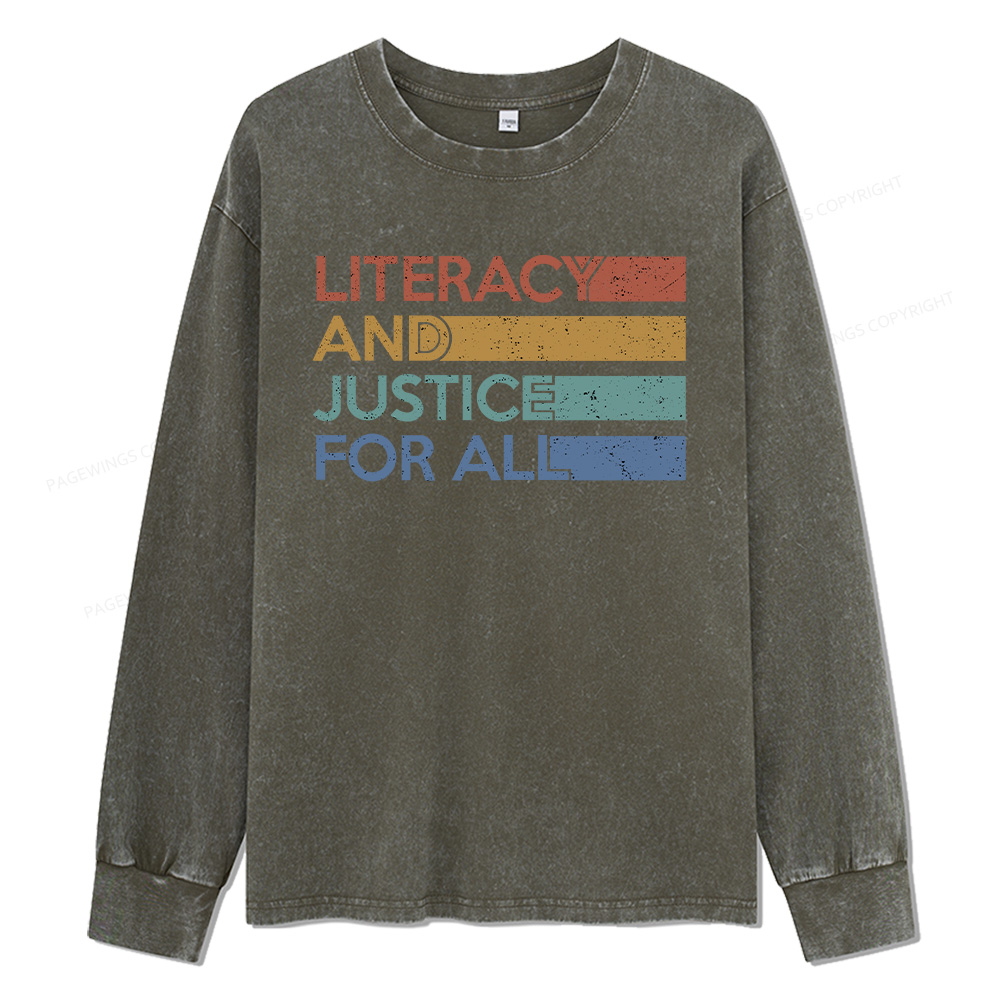 Pagewings Literacy and Justice For All Unisex Washed Long Sleeve T-shirt