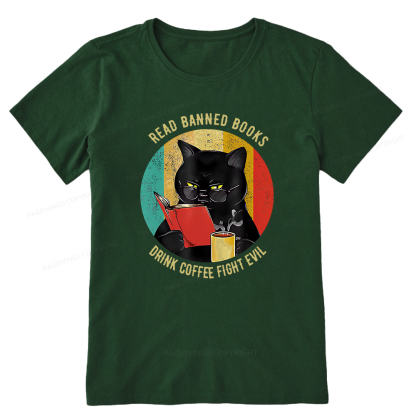 Pagewings Read Banned Books Drink Coffee Fight Evil Retro Cat Lovers T-Shirt Unisex Classic T-shirt