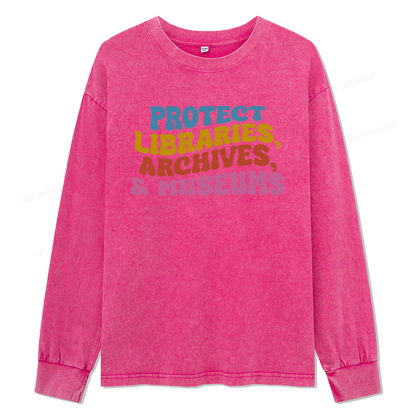 Pagewings Protect Libraries Archives And Museums Unisex Washed Long Sleeve T-shirt