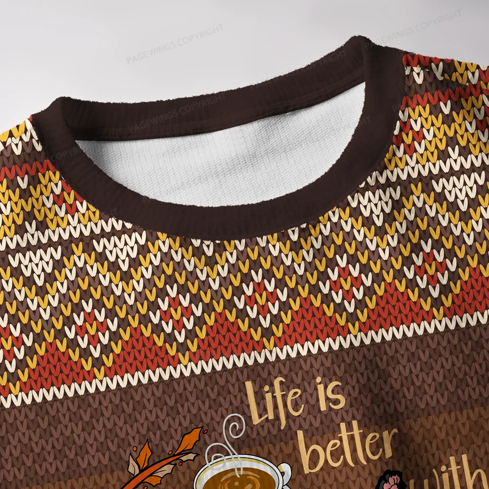 Pagewings Life Is Better With Coffee Cats And Books Unisex Ugly Knit Sweatshirt