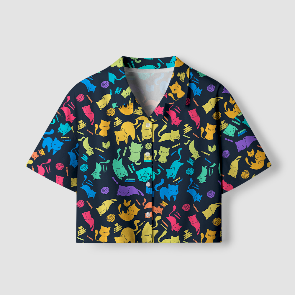 Pagewings Cat Book Lover Camp Collar Women's Camp Shirt