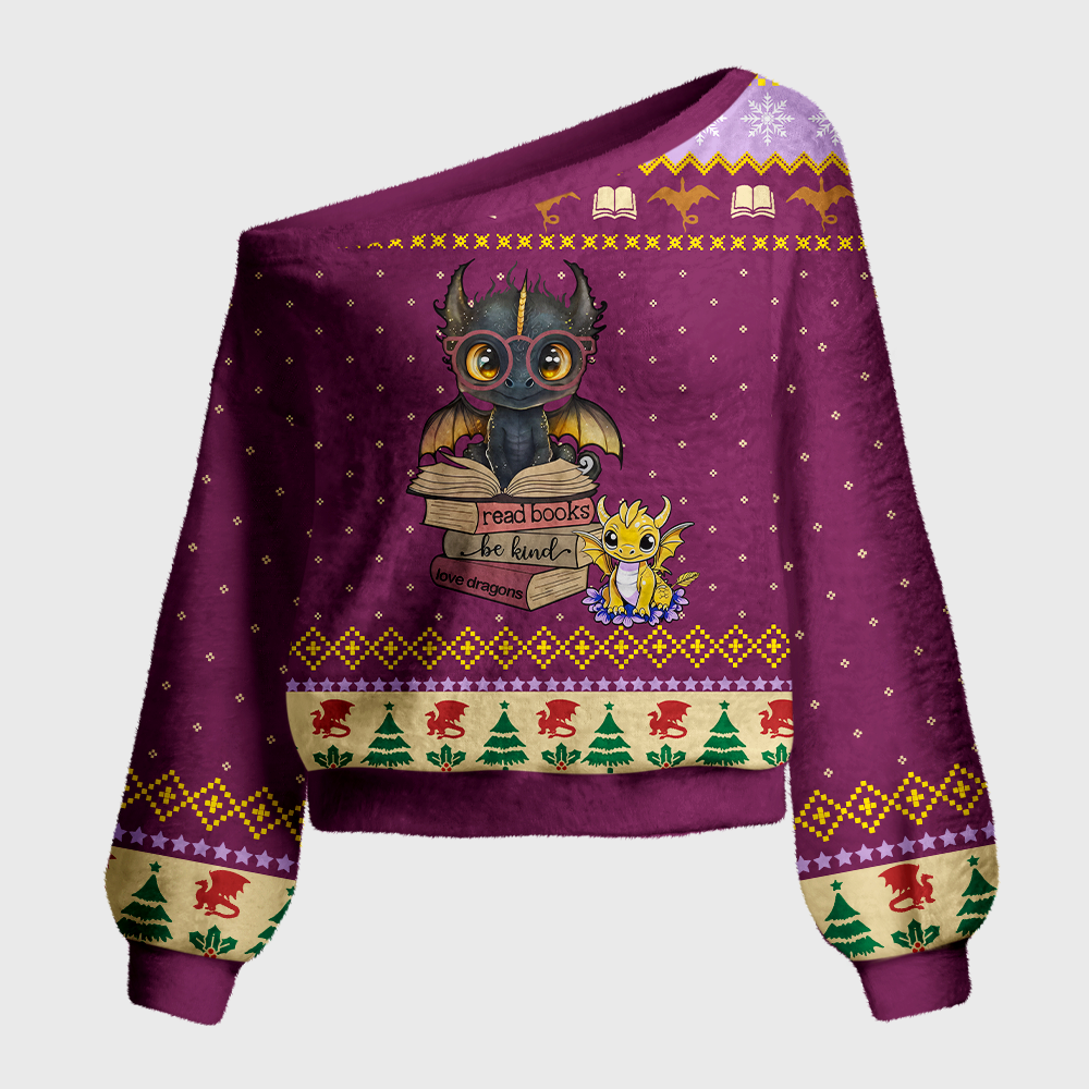 Pagewings Book Dragon Off Shoulder Ugly Knit Sweater