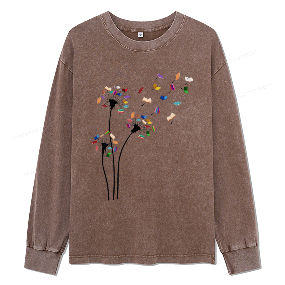 Pagewings Cute Dandelion Books Flower Fly Unisex Washed Long Sleeve T-shirt