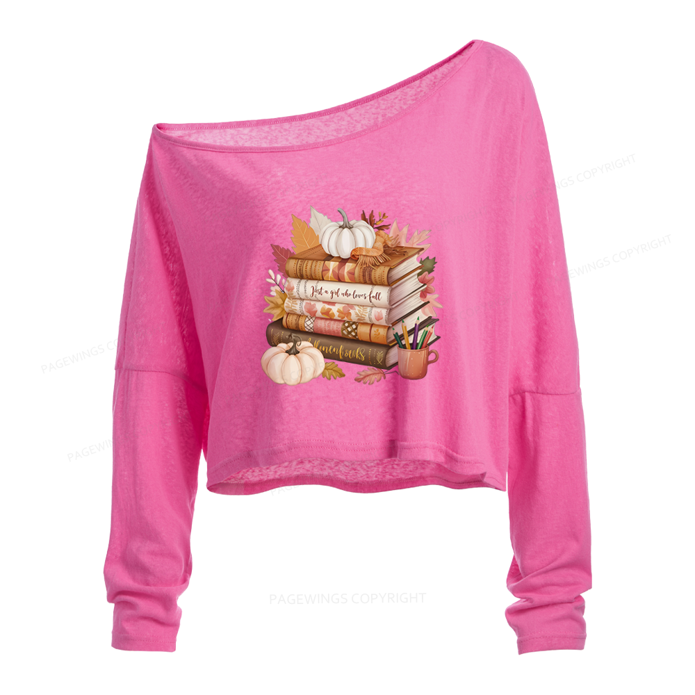 Pagewings Thanksgiving Fall Pumpkin Slouchy Long Sleeve Off Shoulder T-shirt