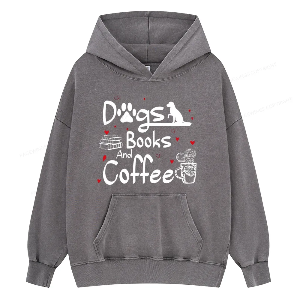 Pagewings Dogs Books And Coffee Unisex Washed Hoodie