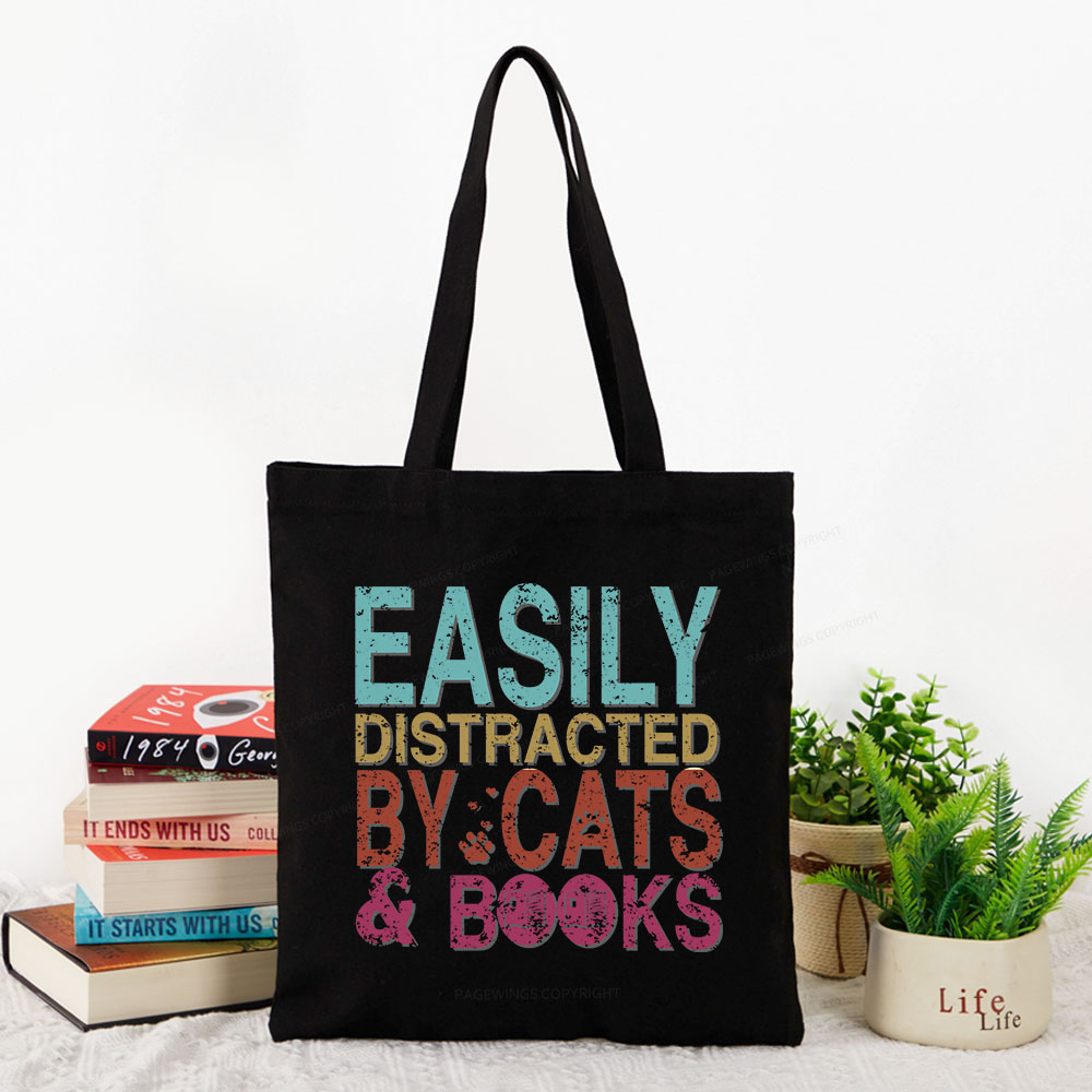 Pagewings Easily Distracted By Cats And Books Tote Bag