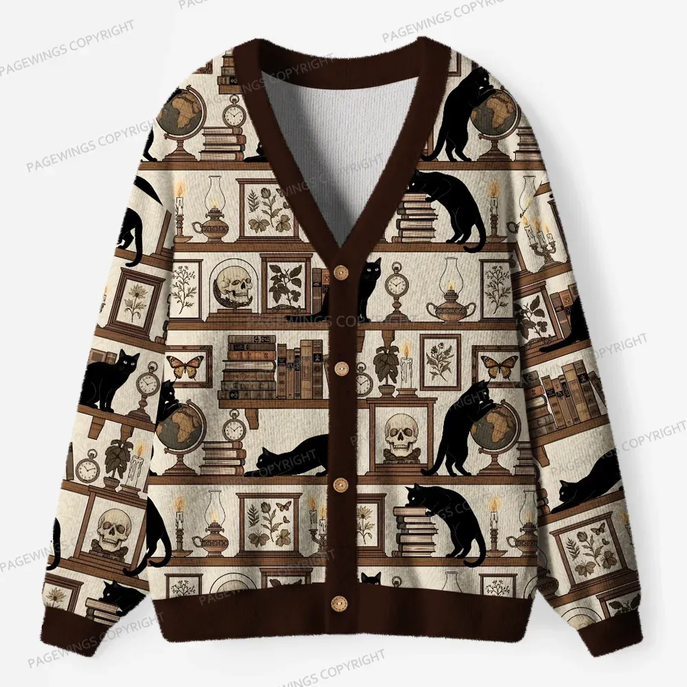 Pagewings Cats And Books Cardigan Unisex Ugly Cardigan Sweaters