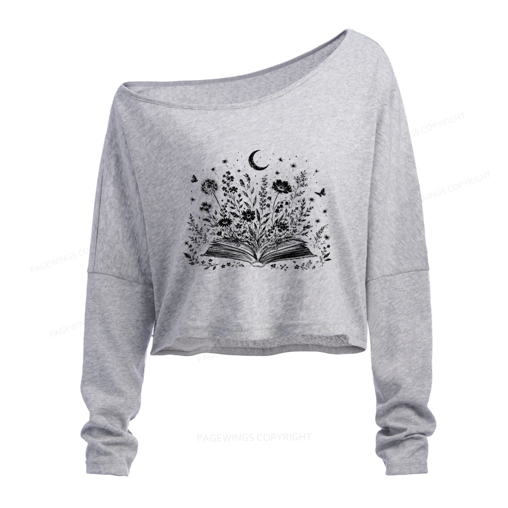 Pagewings Wildflower Book Slouchy Long Sleeve Off Shoulder T-shirt