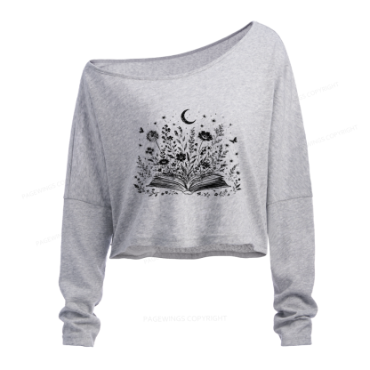 Pagewings Wildflower Book Slouchy Long Sleeve Off Shoulder T-shirt