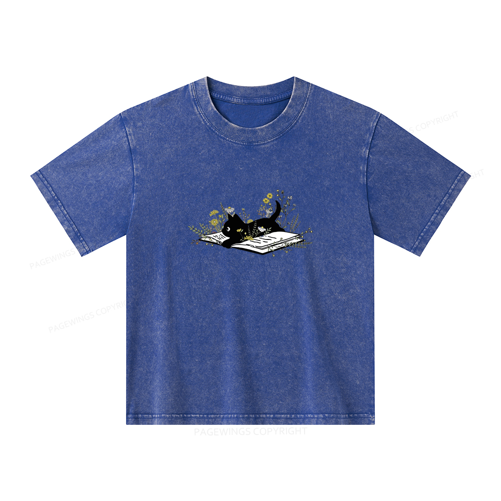 Pagewings Cute Book Cat Unisex Kids Washed T-shirt