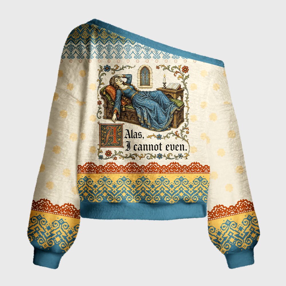 Pagewings Medieval Book Lover Off Shoulder Ugly Knit Sweater