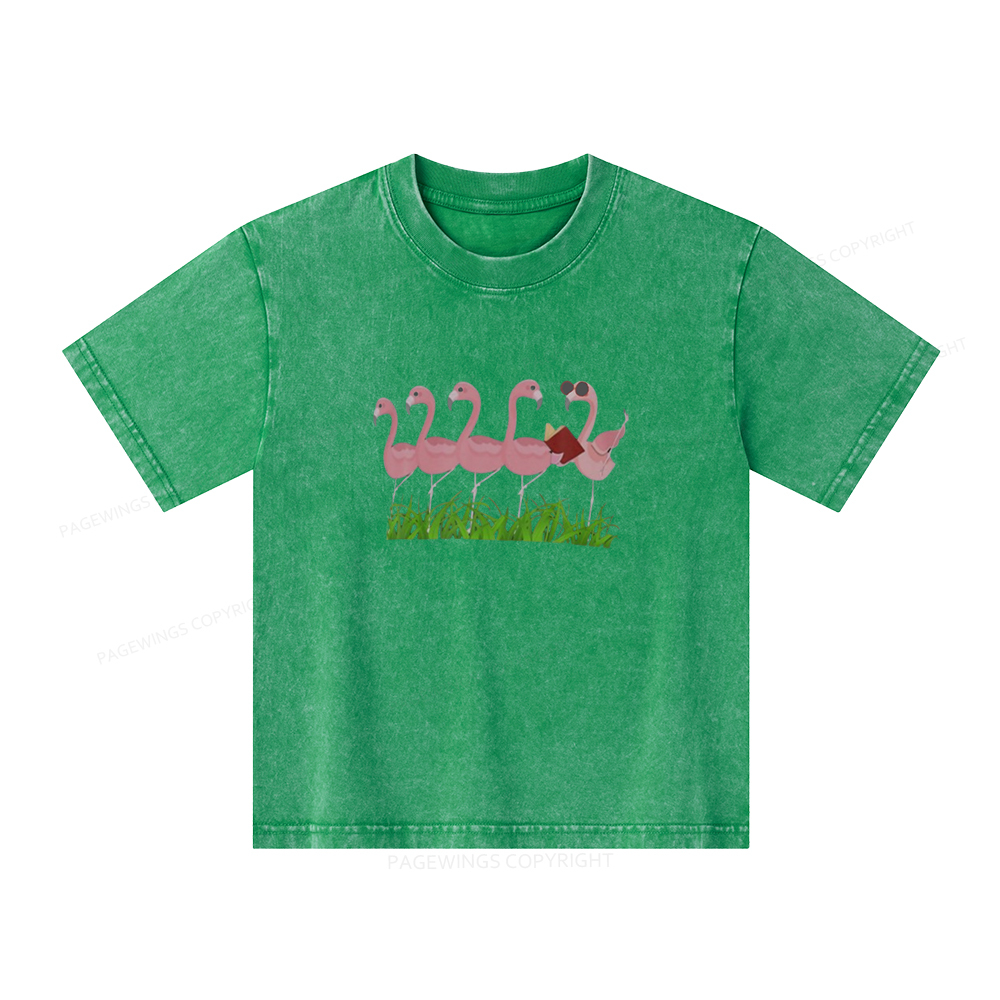 Pagewings Funny Flamingo Reading Book Unisex Kids Washed T-shirt