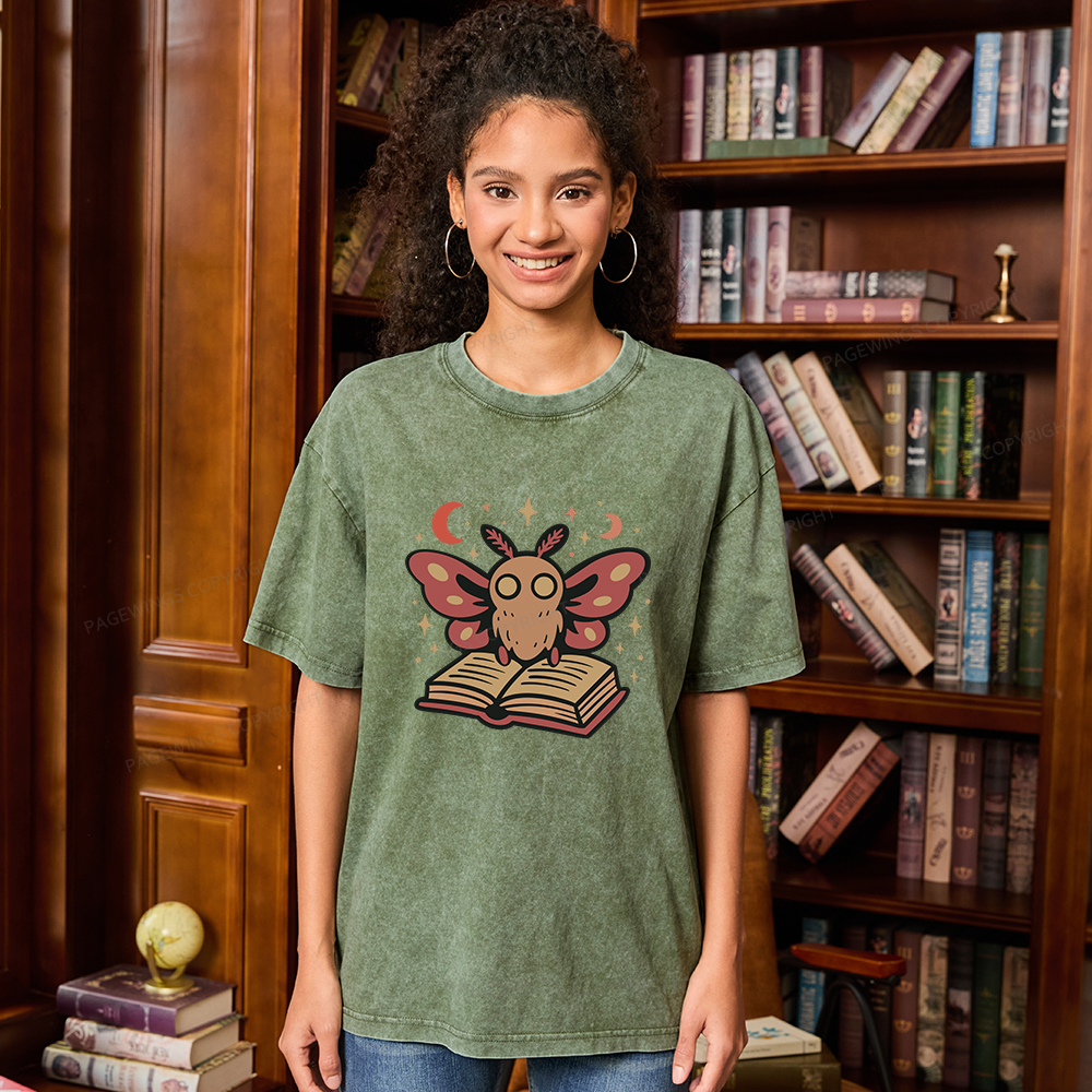 Pagewings Cute Bookish Moth Unisex Washed T-shirt