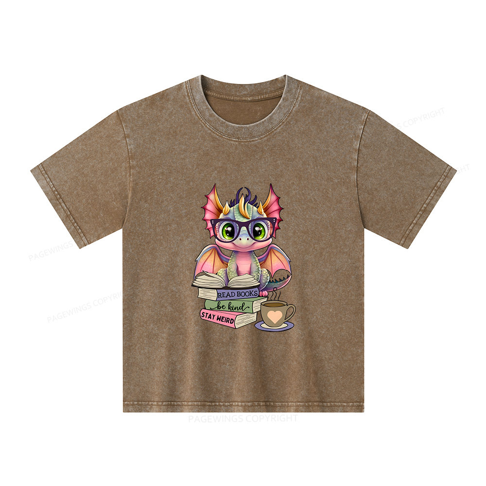 Pagewings Cute Dragon Reading Unisex Kids Washed T-shirt