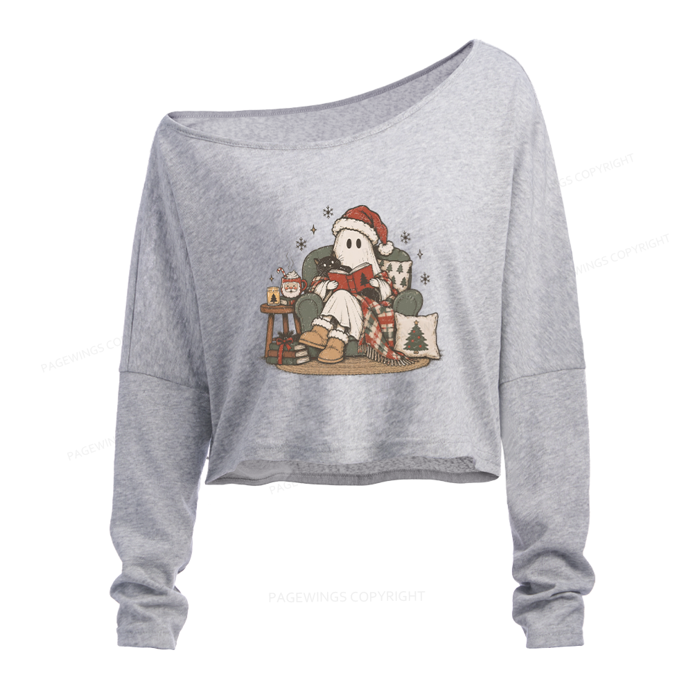 Pagewings Christmas Ghost Reading Slouchy Long Sleeve Off Shoulder T-shirt