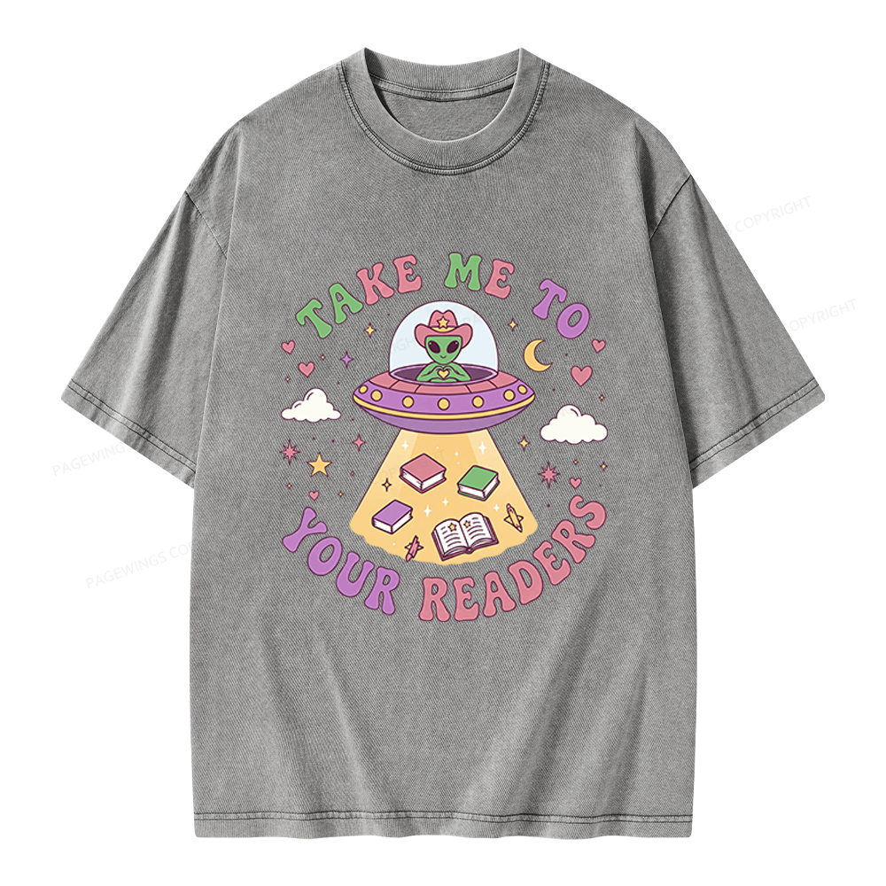 Pagewings Cute Alien Reading Unisex Washed T-shirt