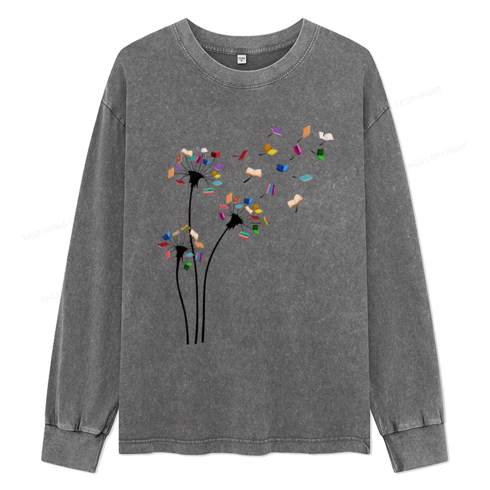 Pagewings Cute Dandelion Books Flower Fly Unisex Washed Long Sleeve T-shirt