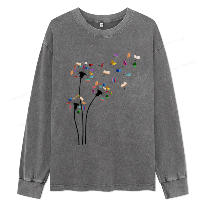 Pagewings Cute Dandelion Books Flower Fly Unisex Washed Long Sleeve T-shirt