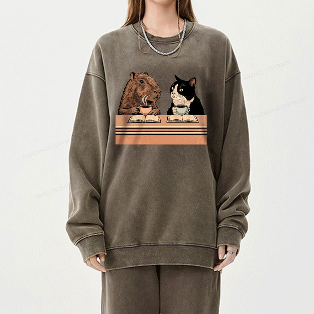 Pagewings Capybara and Tuxedo Cat Chilling with Coffee Unisex Washed Sweatshirt
