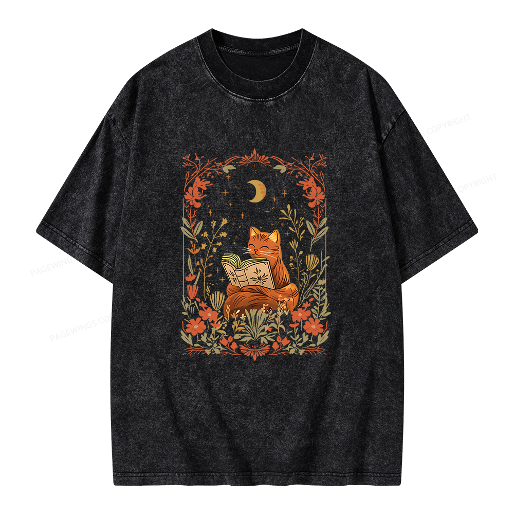 Pagewings Cat Wildflower Cottagecore Unisex Washed T-shirt