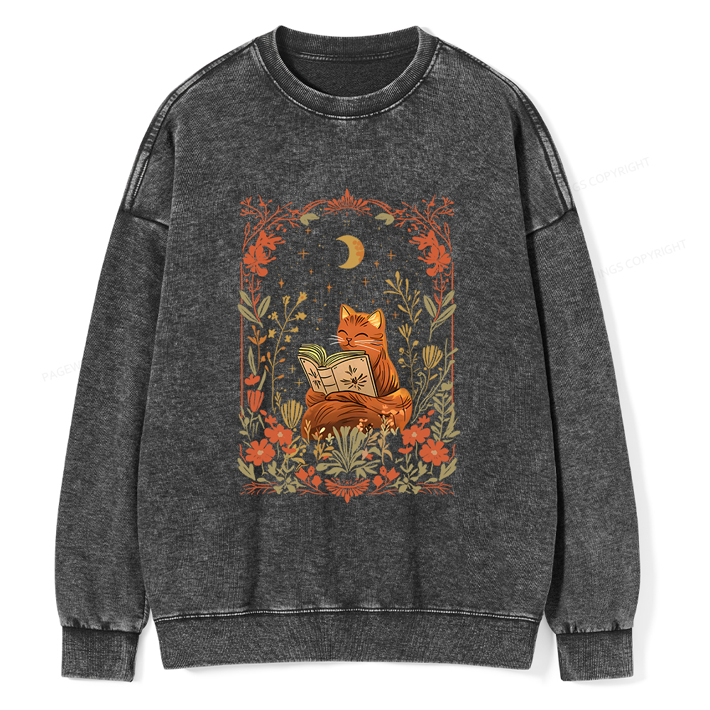 Pagewings Cat Wildflower Book Reading Unisex Washed Sweatshirt