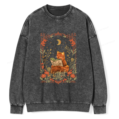 Pagewings Cat Wildflower Book Reading Unisex Washed Sweatshirt