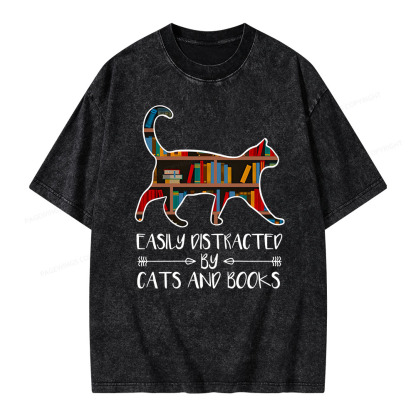 Pagewings Funny Cat Book Lover Easily Distracted By Cats And T-Shirt  Unisex Washed T-shirt