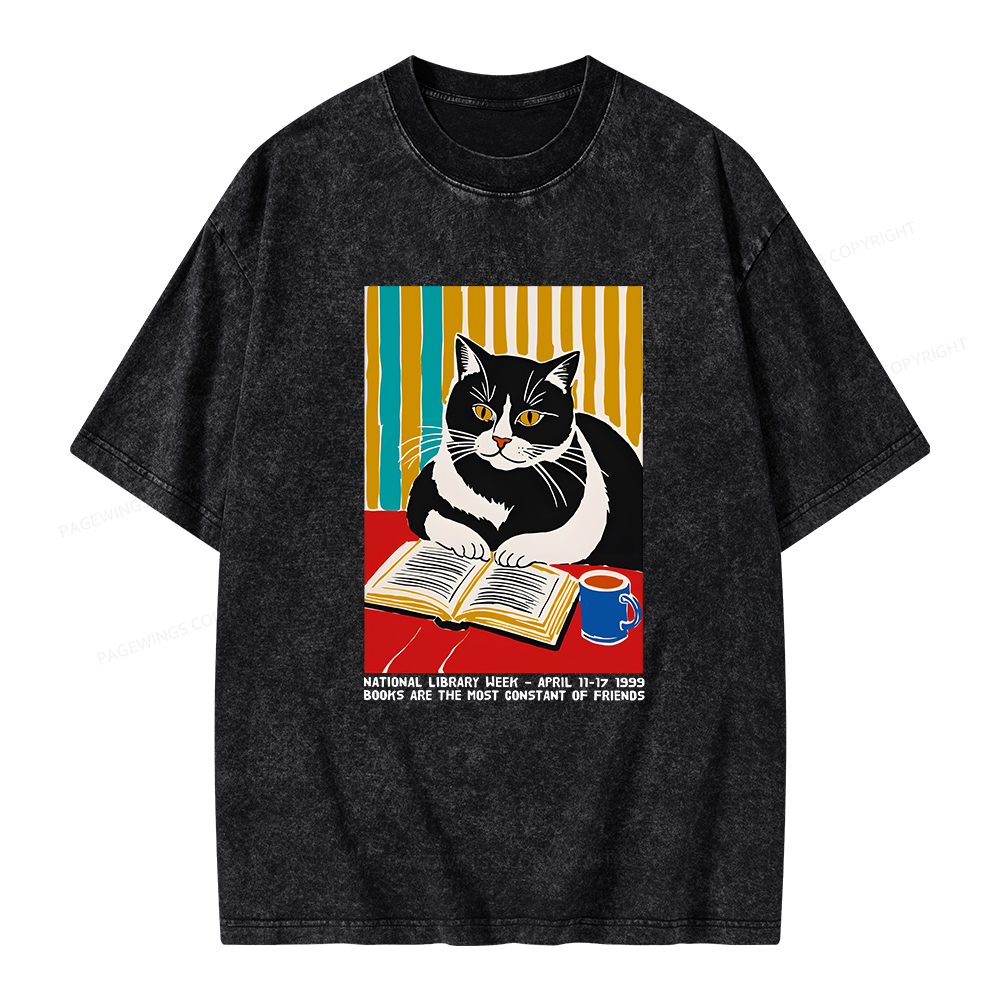 Pagewings Ational Library Week Cat Poster Unisex Washed T-shirt