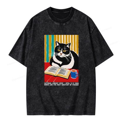 Pagewings Ational Library Week Cat Poster Unisex Washed T-shirt