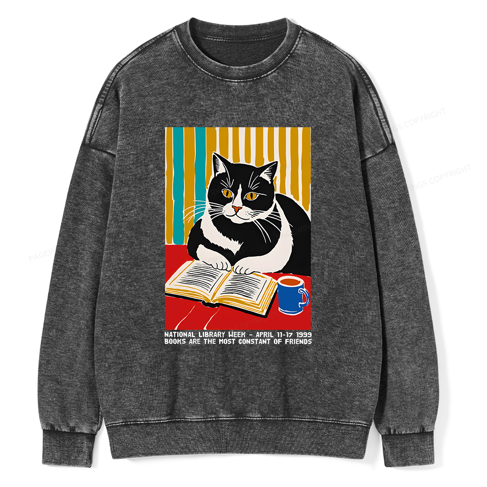 Pagewings Ational Library Week Cat Poster Unisex Washed Sweatshirt
