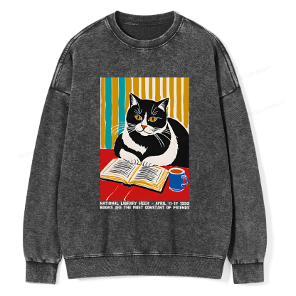 Pagewings Ational Library Week Cat Poster Unisex Washed Sweatshirt