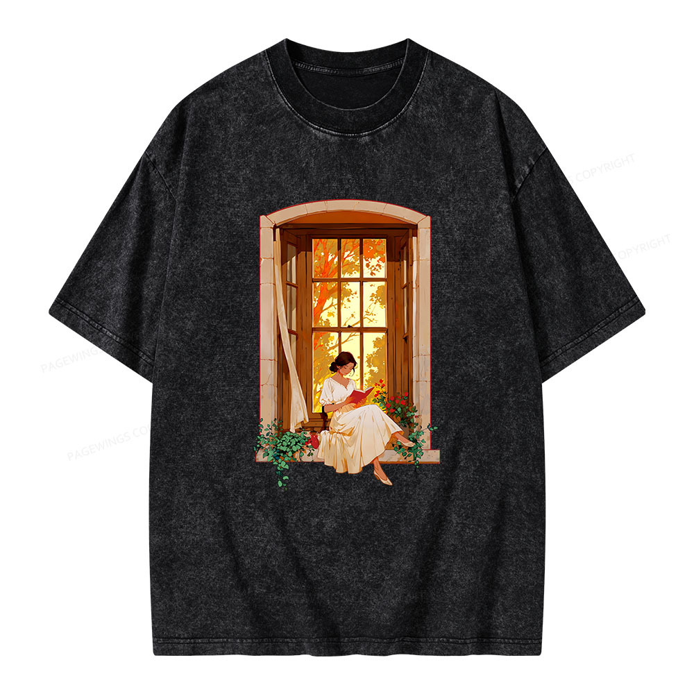 Pagewings Book Lovers Reading By The Window Unisex Washed T-shirt